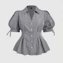 F14 STYLE Elegant Stripe Puff Sleeve Blouse