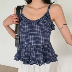 ON KSTYLE Chint Check Frill Strap Blouse
