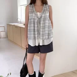 main ON KSTYLE Engrang Layered Frill Check Blouse