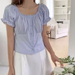 ON KSTYLE Bollering Cotton Lace Semi Crop Puff Blouse
